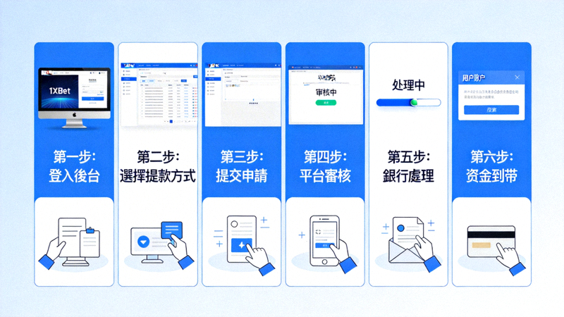 1xBet 出金流程步驟圖解：從登入後台到選擇提款方式、提交申請、平台審核、銀行處理直至資金到帳